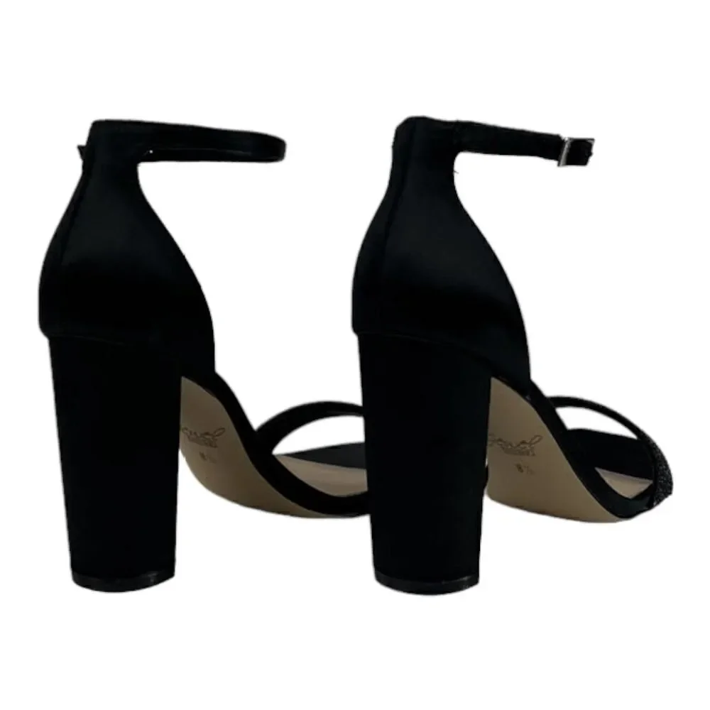 New Women Jewel Badgley Mischka Black Satin Block Heel Sandals US 8.5